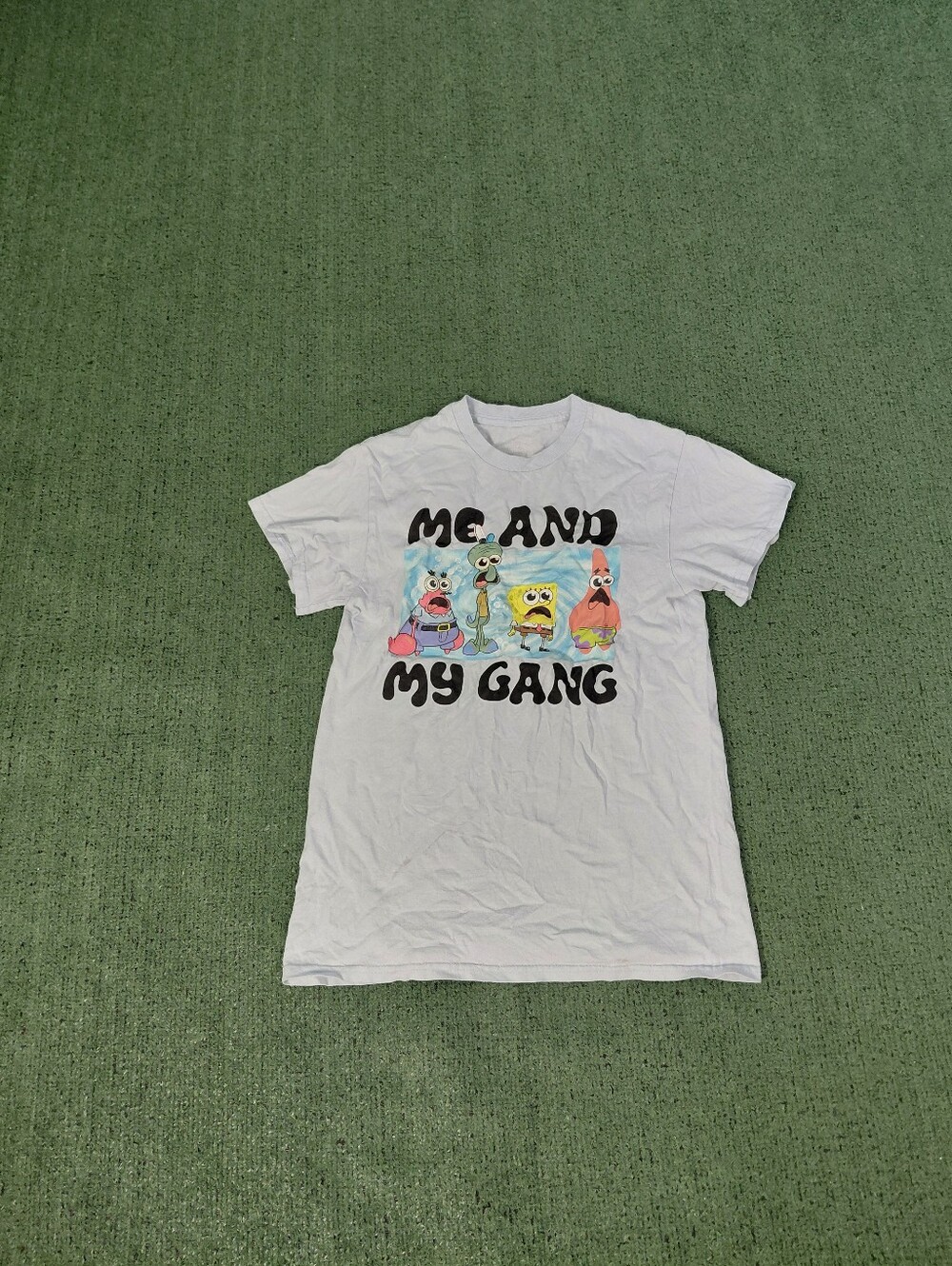 Spongebob Squarepants "Me And My Gang" Funny Cartoon Light Blue T Shirt Sz Small